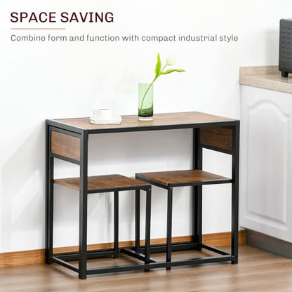 HOMCOM Small Dining Table Set for 2 Compact for Small Spaces, Rustic Brown | Kitchen Table and Chairs Set, Compact Dining Sets, Breakfast Nook - color: Rustic Brown