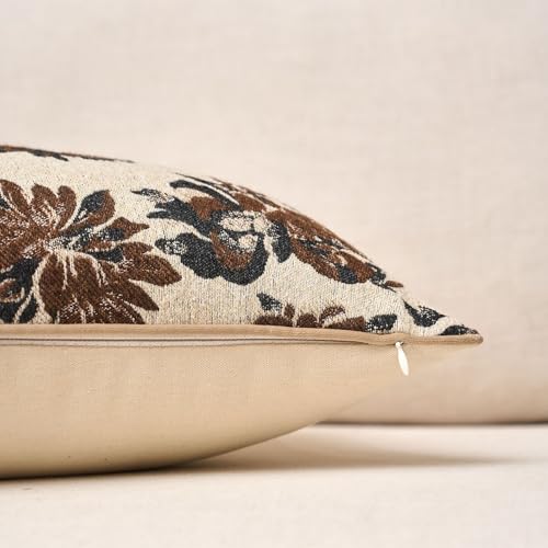 Beige Brown Floral Throw Pillow Cover 20x20 Fall Vintage Flower Pillow Cover Farmhouse Cushion Cover Neutral Summer Outdoor Chenille Pillowcase Home Decor for Couch Sofa Bedroom Living Room - color: F-beige and Brown, size: 20" x 20" (Pack of 1)