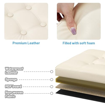 Bsketa Storage Ottoman Bench,15 Inch Folding Leather Foot Rest Stool, Beige | Small Ottoman with Side Pockets, Thicker Foam Padded Seat, Livingroom, Dorm, Bedroom, Easy to install, 30L,15x15x15in - color: Beige-with Side Pockets