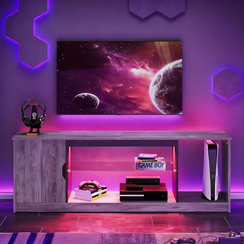 Bestier LED TV Stand for PS5,Modern Gaming Entertainment Center with Cabinet for 60/65 Inch TV, TV Console with Adjustable Glass Shelf for Living Room Bedroom Grey - color: Grey