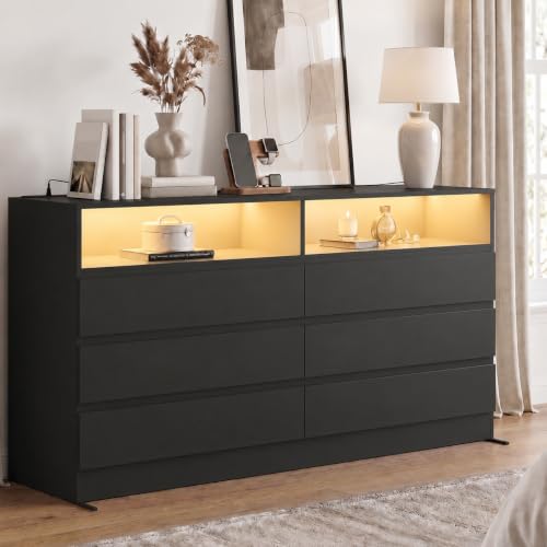 Gyfimoie Black 6-Drawer Dresser for Bedroom w/Power Outlet and LED Light | Modern Double Dresser with 2 Open Cubbies, Spacious Chest of Drawers, and TV Stand Function for Living Room - color: Black, size: 19.4"D x 47.3"W x 31.2"H (6 Drawers)