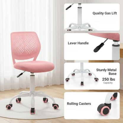 POWERSTONE Small Home Office Desk Chair, Swivel Rolling Study Computer Chair, Adjustable Height Task Chair with Armless Mid Back, Upholstered Mesh Seat, Pink - color: Pink