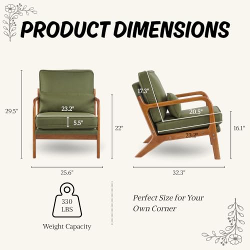 Karl home Mid-Century Modern Accent Reading Chair, Green | Linen Upholstered, Solid Wood Frame, Soft Cushion, Lumbar Pillow, Lounge Armchair for Living Room, Bedroom, Balcony, Study - color: Linen Green