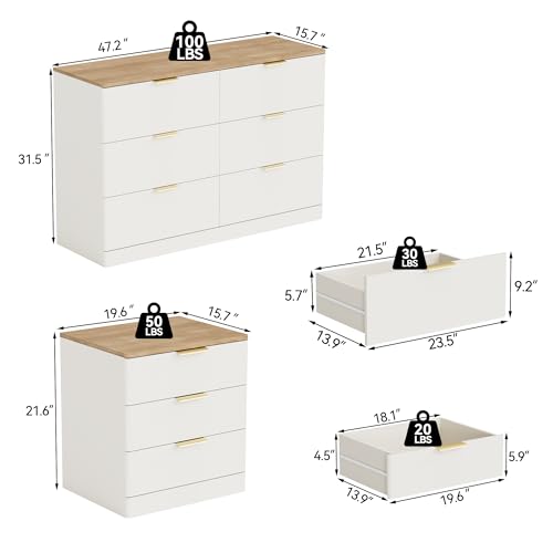 6 Drawer Dresser for Bedroom, 47.2" Wide Modern Chest of Drawers with 6 Large Storage Space with Curved Edge Design, Large Dresser w/Gold Metal Handles for Bedroom,White & Brown - color: White & Brown, size: 15.7"D x 47.2"W x 31.5"H (6 Drawers)