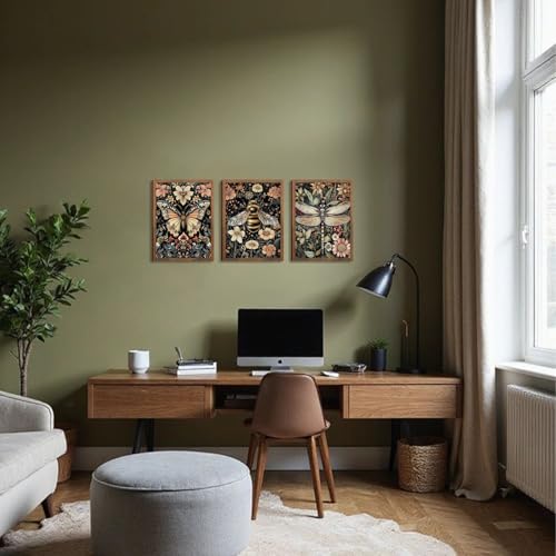 Retro Insect Wall Art Set of 3, Butterfly Bee Dragonfly Gothic Botanical Prints, Rustic Nature Animal Canvas Wall Decor for Living Room Bedroom Office Farmhouse Home Decor 12x16In Wood Framed - color: Colorful insects, size: 16L" x 12W"
