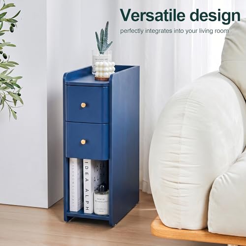 Narrow Nightstand Set of 2, Wooden Small 2 Drawer Nightstand, Slim Side End Table, Skinny Bedside Table, Mid Century Modern Night Stand with Drawers for Bedroom (Blue-1 pc) - color: Blue-1 Pc
