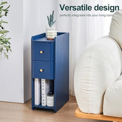 Narrow Nightstand Set of 2, Wooden Small 2 Drawer Nightstand, Slim Side End Table, Skinny Bedside Table, Mid Century Modern Night Stand with Drawers for Bedroom (Blue-1 pc) - color: Blue-1 Pc