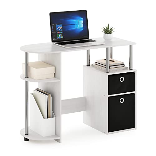 Furinno Jaya Simplistic Computer Study Desk, White Oak/Chrome/Black | Bin Drawers, Computer Desk with Side Shelf, Office Desk for Study, Home Office, Bedroom, Dorm, Study Room - color: White Oak/Stainless Steel/Black