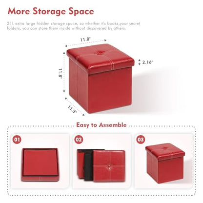 B FSOBEIIALEO Folding Storage Ottoman Cube, Faux Leather Footrest Seat Coffee Table, Red 11.8"x11.8"x11.8" - color: Red 11.8"x11.8"x11.8"