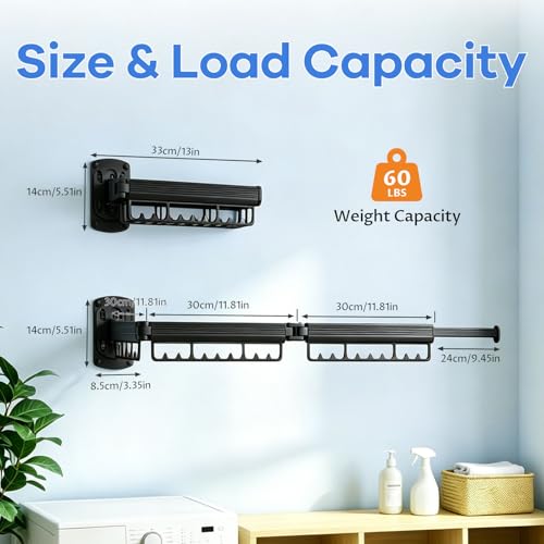 Foldable Wall Mounted Laundry Drying Rack, 3 Fold Retractable Clothes Drying Rack, Durable Clothing Hanger Rack for Laundry Room, Balcony, Bathroom (Black) - color: Black
