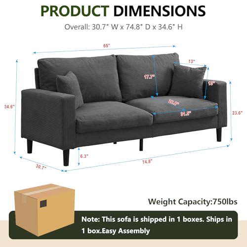74 "Loveseat Couches,Small Love Seat Sofa with Pillows for Small Spaces,Comfy Corduroy Sofas w/ Wood Frame,Tool-Free Setup Compact Futon Couch for Apartment,Dorm,Office,Settee (Dark Gray, 3-Seater) - color: Dark Gray, size: 3-Seater