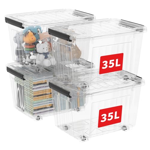 Cetomo 40Qt*4 Plastic Storage Bins, Storage Box, 4 Pack, Organizing Container with Wheels, Durable Lids and Secure Latching Buckles, Stackable and Nestable, Clear with Black Buckle - size: 35L*4