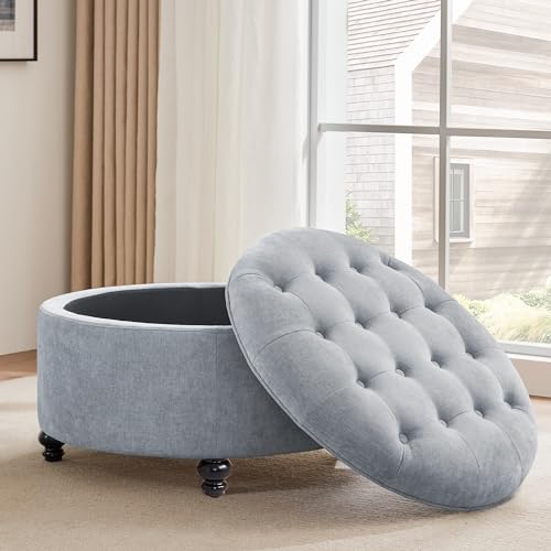 HUIMO 30-Inch Round Storage Ottoman, Button Tufted Coffee Table(Light Blue) | Ottoman Coffee Table with Removable Top, Upholstered Ottoman with Storage, Footrest Stool for Living Room, Bedroom and Office - color: Light Blue