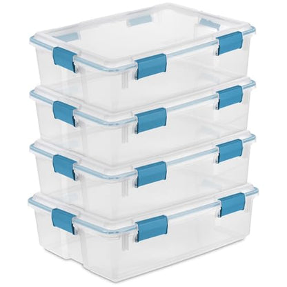 Sterilite Gasket Storage Box with Lids for Home & Office, 37 Quart, 4-Pack | Heavy-Duty, Stackable, and Organizing Containers for Bathroom, Cabinet, Closet, and Garage, Clear and Blue Aquarium Latches - size: 37 Quart, style: 4 Pack