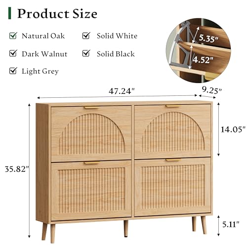 Xixini Shoe Storage Cabinet with 4 Flip Drawers, 36" Tall Narrow Wood Fluted Shoe Organizer for Entryway, Freestanding Wooden Hidden Slim Shoe Rack for Front Door Entrance, Hallway, Foyer, Natural Oak - color: Natural Oak, size: 4 Flip Drawers