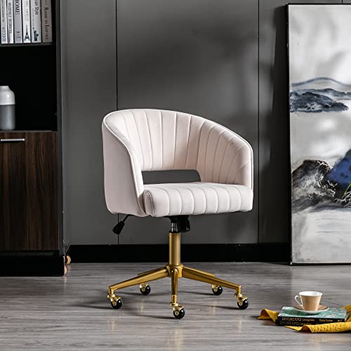 Vanity Chair Velvet Desk Chair with Gold Base for Living Room,Cream | Accent Armchair Upholstered Modern Tufted Chairs for Girls Women Ergonomic Study Seat Computer Task Stools for Bedroom - color: Cream