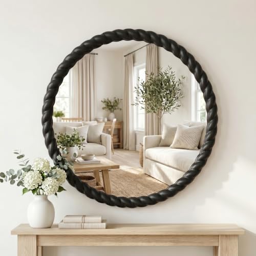 24"x24" Round Solid Wood Farmhouse Decorative Wall Mirror | Timeless Circle Wall Mirror with Black Braided Wood Frame, Perfect for Bathroom, Vanity, Entryways, Living Rooms ﻿ - color: Black, size: 24"L x 24"W