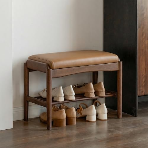 Black Walnut Shoe Bench Assembled, Solid Wood Shoe Rack Bench with Silicone Leather Cushion for Entryway, Living Room, Bedroom, Hallway - color: Brown Cushion, size: 31.5"W