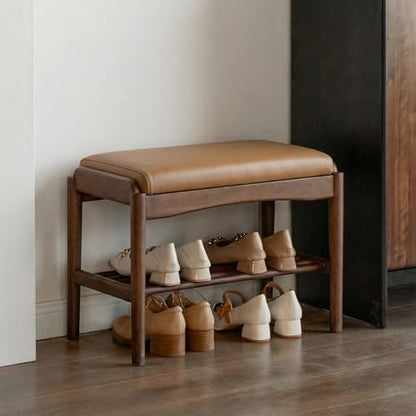 Black Walnut Shoe Bench Assembled, Solid Wood Shoe Rack Bench with Silicone Leather Cushion for Entryway, Living Room, Bedroom, Hallway - color: Brown Cushion, size: 31.5"W