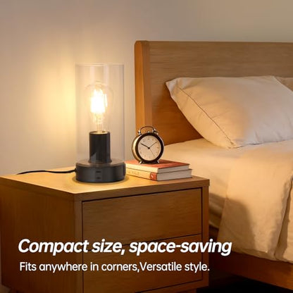 Shenmoyl Industrial Bedside Lamp with USB-A+C Charging Ports & AC Outlet, Small Touch Control Dimmable Table Lamp with Black Base Glass Shade for Bedroom, Nightstand, Dorm, Office, Desk - color: Black