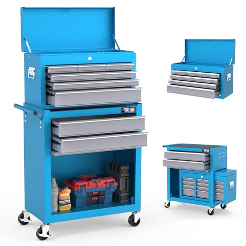 TUFFIOM 8-Drawer Rolling Tool Chest, Tool Storage Cabinet w/Lockable Wheels, Detachable Top, Drawers & Side Hooks, Mechanic Tool Organizer Box for Garage Warehouse Repair Shop - color: Blue, size: 8Drawer