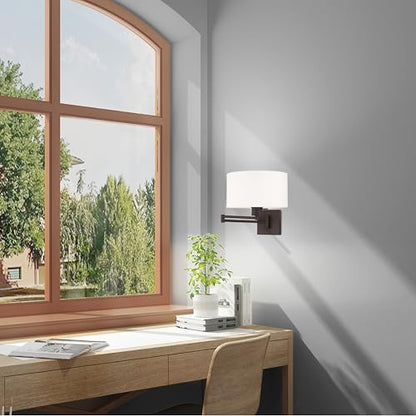 Livex Lighting 40036-07 1-Light Swing Arm Wall Light, Bronze | Off-White Fabric Shade - color: Bronze