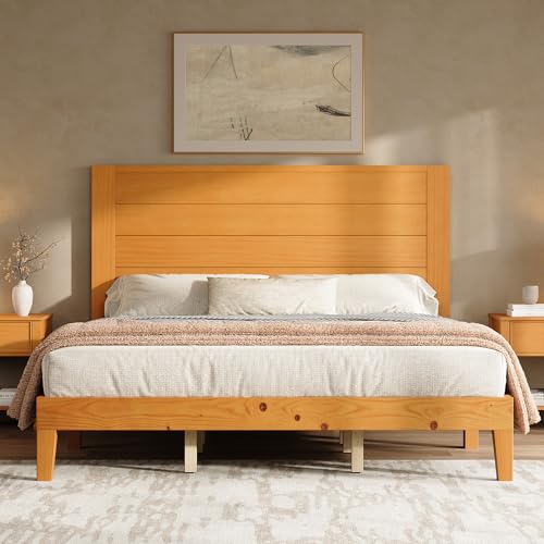 AMERLIFE King Size Solid Wood Bed Frame with 48" Headboard Design, Natural | 48" Headboard, Solid Wood Platform, Silent Slat Support System, Under Bed Storage, Natural Finish - color: Natural, size: King