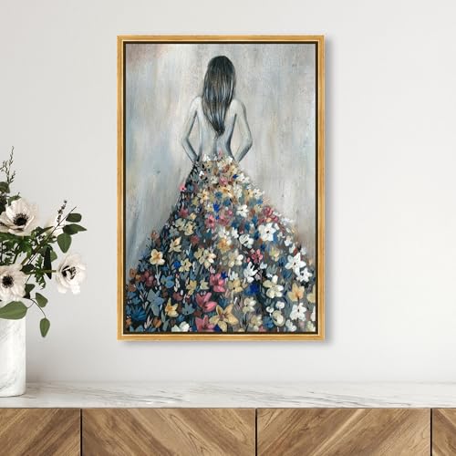 Oliver Gal Girl with Flower Thoughts Canvas Print Wall Art for Living Room, Bedroom, and Bathroom, 16" x 24", Gold Floater Frame - color: Gold Floater Frame, size: 24"L x 16"W