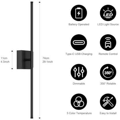 Battery Operated Wall Sconce Set of Two with Remote Control, 3000K-6000K Dimmable Black Wall Lights, Timable LED Wireless Wall Sconces, 350° Ratate for Bathroom, Living Room, Hallway 29.1 Inch - color: Black, size: 29.1in(2 Pack)