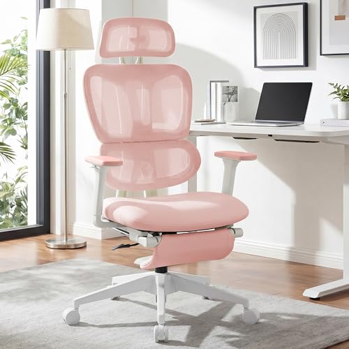 Ergonomic Office Chair with Footrest, 90-135° Reclining High Back Desk Chair with Lumbar Support, 2D Headrest, 2D Armrests, Computer Chair for Long Hours, Pink - color: Pink