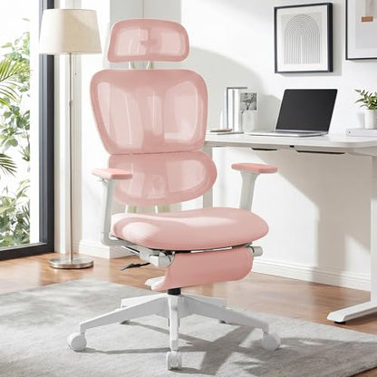 Ergonomic Office Chair with Footrest, 90-135° Reclining High Back Desk Chair with Lumbar Support, 2D Headrest, 2D Armrests, Computer Chair for Long Hours, Pink - color: Pink