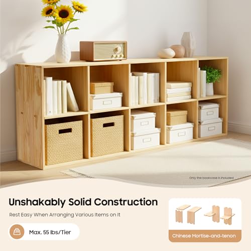 10 Cube Solid Wood Bookcase, Open Bookshelf with Back Panel, Floor Standing Storage Organizer, Vertical or Horizontal for Living Room Office - size: 10-Cube