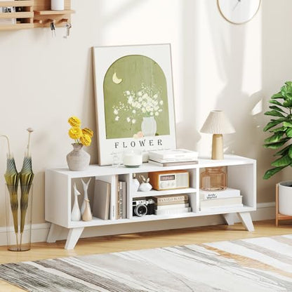 GIANTEX White TV Stand for TVs up to 55", 4-Cubby Modern Entertainment Center with Open Storage Shelves, Wood Media Console Table for Living Room, Bedroom