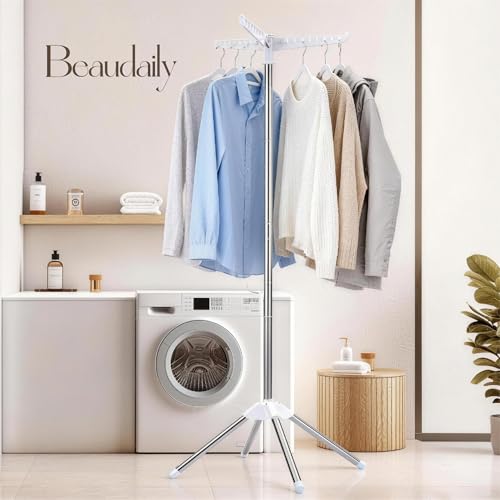 Beaudaily Clothes Drying Rack, Foldable Laundry Drying Rack, Indoor 59-Inch Drying Rack Clothing with 3 Rotatable Arms, Stainless Steel, Holds 27 Pieces, Space Saving, Portable, White and Silver - color: White + Silver, size: 1-Tier