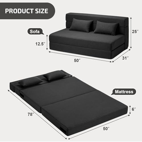 SUYOLS Folding Sofa Bed with Pillows- Convertible Chair Floor Couch & Sleeping Mattress, Foldable Memory Foam Sleeper for Living Room/Dorm/Guest Room/Home Office/Apartment/Loft, Full, Dark Gray - color: Dark Gray, size: Full