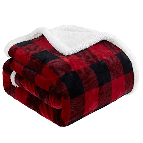 Sherpa Red and Black Buffalo Plaid Christmas Twin Blanket 60" X 70", Fuzzy Fluffy Soft Cozy Throw Blanket, Fleece Flannel Plush Microfiber Blanket for Couch Bed Sofa - color: Red
