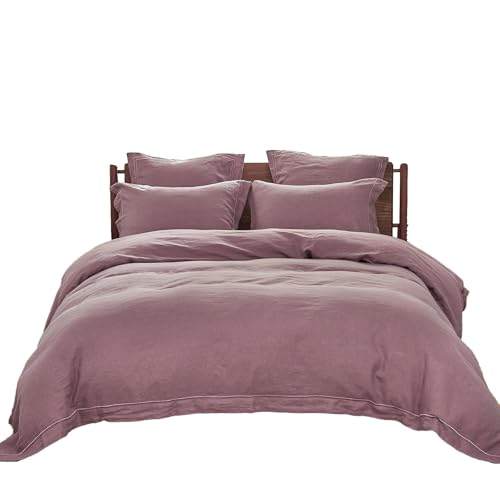 Simple&Opulence 100% Washed Linen Duvet Cover Set with Embroidered,2 Pieces Soft Farmhouse Comforter Set with Button Closure,1 Duvet Cover and 1 Pillowsham(Twin,Purple) - color: Embroidery Purple, size: Twin