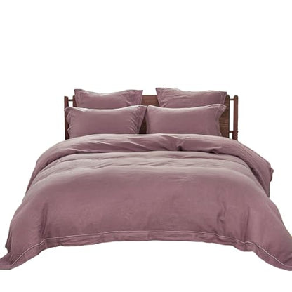 Simple&Opulence 100% Washed Linen Duvet Cover Set with Embroidered,2 Pieces Soft Farmhouse Comforter Set with Button Closure,1 Duvet Cover and 1 Pillowsham(Twin,Purple) - color: Embroidery Purple, size: Twin