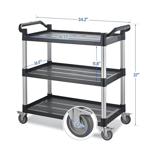 Utility Rolling Carts with Wheels, Large Size Plastic Service Carts, Heavy Duty Restaurant Cart with 4 Lockable Brake Wheels for Kitchen/Office/Warehouse (3 Tier - 34×17×37inches / 510lbs) - size: 3 Tier - 34×17×37inches / 510lbs