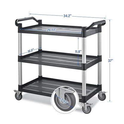 Utility Rolling Carts with Wheels, Large Size Plastic Service Carts, Heavy Duty Restaurant Cart with 4 Lockable Brake Wheels for Kitchen/Office/Warehouse (3 Tier - 34×17×37inches / 510lbs) - size: 3 Tier - 34×17×37inches / 510lbs
