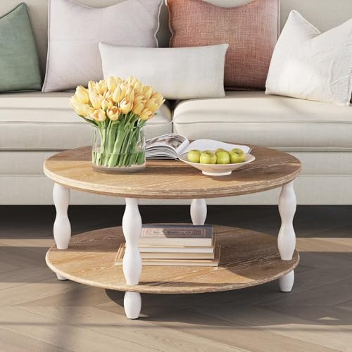 karlott 2-Tier Farmhouse Coffee Table, Round Coffee Tables for Living Room | Solid Wood Veneer Tabletop, Pine Legs & Storage Shelf, Rustic Boho Center Table, Easy Assemble for Living Room - size: Coffee Table 30.3 In
