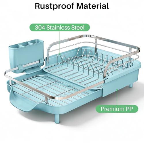 SNTD Expandable Dish Drying Rack for Kitchen Counter, 15.2-22.1 in, Blue | Rust-Resistant Stainless Steel, Protective Side Rails, Self-Draining Drainboard, Removable Utensil Holder - color: Blue