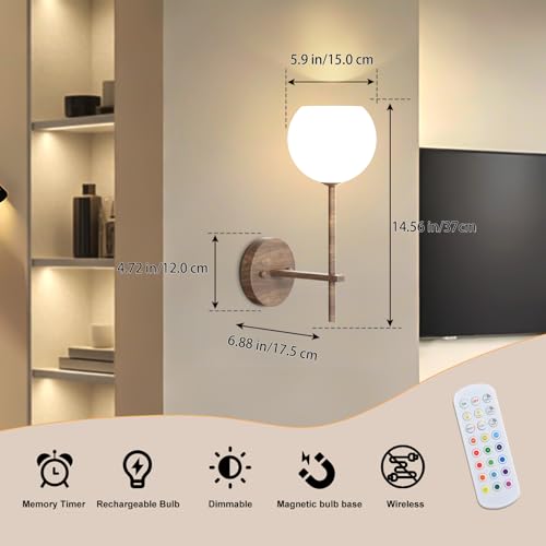 Walnut Grain Battery Operated Wall Sconces Set of 2, Rechargeable Wireless Wall Lights with Milky White Frosted Glass, 12 RGB and 3CCT Dimmable, Wall Lamps with Remote for Bedroom Living Room Hallway - color: Walnut Grain