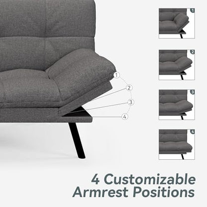 Futon Sofa Bed Convertible Couch, Grey Linen Sofa Bed | Adjustable Backrest & Armrests, Multifunctional Small Loveseat Sleeper Sofa for Living Room, Apartment, Office, Foam Couch - color: A2 | Light Grey