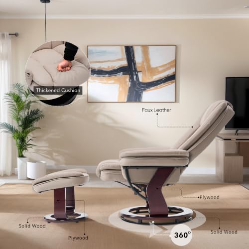 Swivel Recliner Chair with Ottoman Reclining Lounge Sofa Footrest, Set of 1 | 360°Sturdy Wood Base, Soft Faux Leather, Upholstered Ultra-Plush Foam, Modern Armchair, Living Room Bedroom Office Reading - color: Taupe, size: Set of 1
