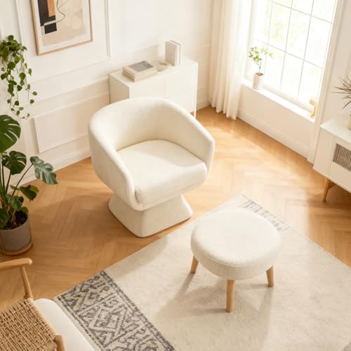 Swivel Barrel Chair and Ottoman Set, 360 Degree Club Chair, Comfy Boucle Armchair and Footstool, Upholstered Accent Sofa Chair w/Footrest for Living Room Bedroom Reception Room, White - color: White, size: Swivel chair