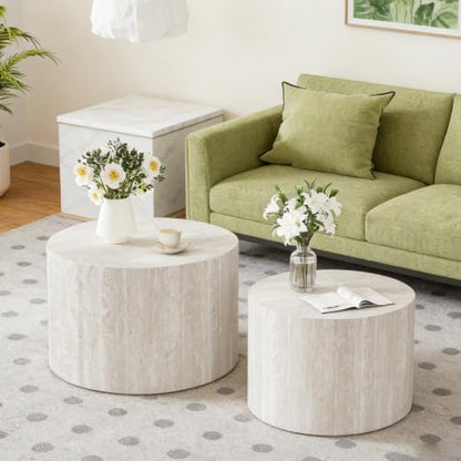 18 inch Stone Round Nesting Coffee Table Set of 2, Travertine | Travertine Veneer, For Living Room, Mid-Century Modern Style, Nestable Design, Nested End Side Table, For Small Spaces - color: Travertine