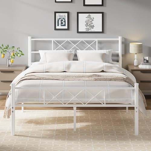VECELO Full Size Bed Frame with Headboard, Heavy Duty Bedframe with Strong Metal Slats, No Box Spring Needed & Easy Assembly, Pure White - color: Pure White, size: Full