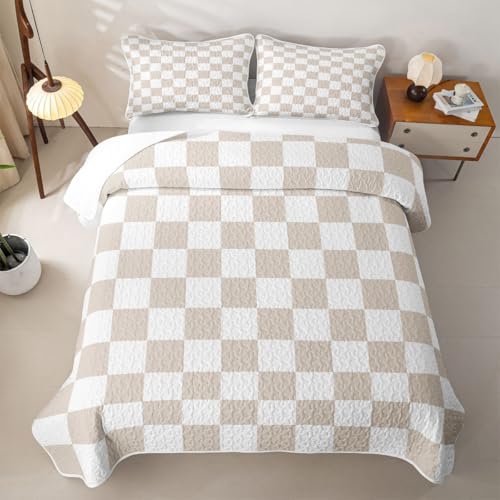Checkered Quilt Bedding Set,Beige White Plaid Twin Size,Modern Aesthetic Grid Quilt Sets for Boys Girls,Retro Neutral Checkerboard Geometric 2Pcs with 1 Pillow Sham - color: Beige White, size: Twin