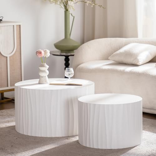 Nesting Coffee Table Set of 2 Round Wooden Coffee Tables Circle Modern Table for Living Room Bedroom Accent End Side Table White - color: 46.45'' White